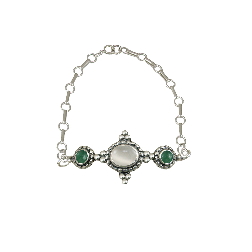 Sterling Silver Gemstone Adjustable Chain Bracelet With White Moonstone And Jade